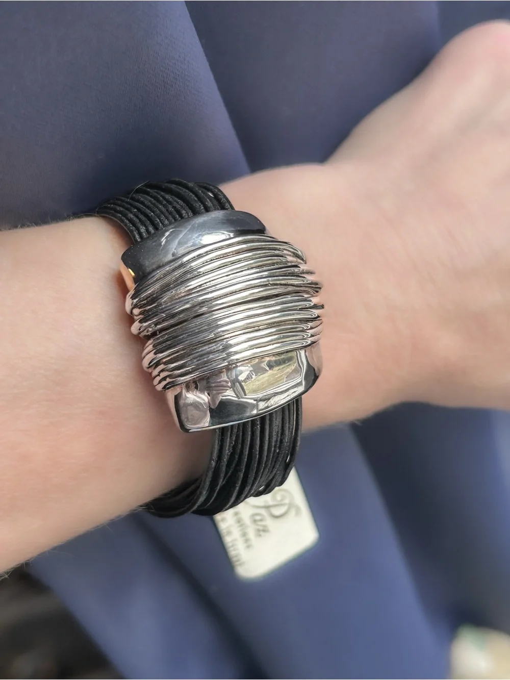 Paz Creations Black Multi-Strand Leather Bracelet with 925 Sterling Wrap Accent